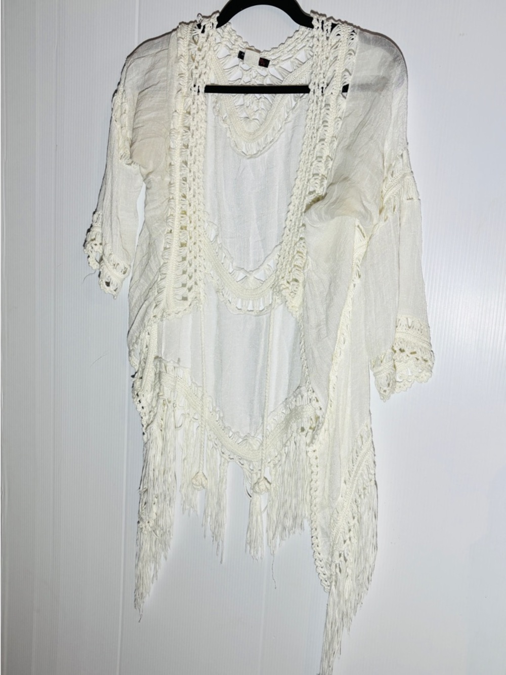 Boho Crochet Fringe Kimono Cardigan - Cream